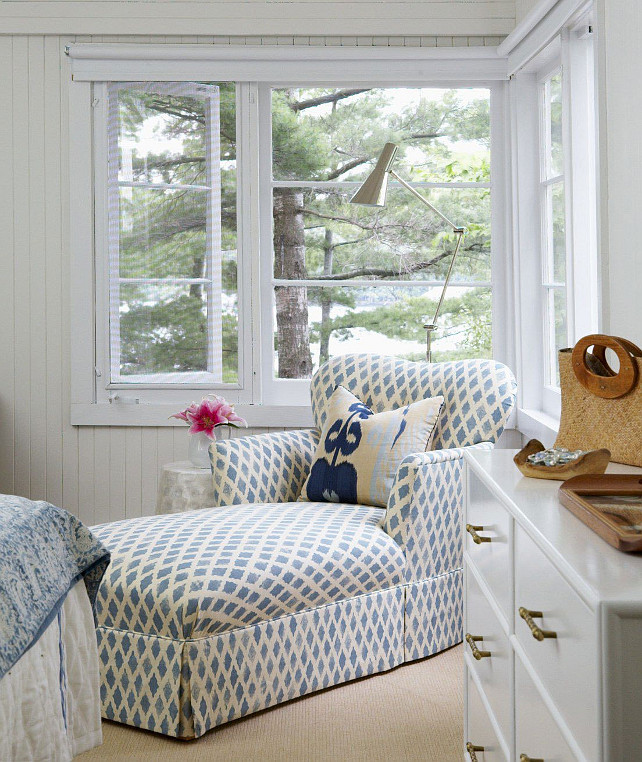 Cottage Bedroom. Cottage Bedroom with chaise in blue and white fabric. #Cottage #Bedroom #CottageBedroom #Chaise #Blueandwhite #Fabric Anne Hepfer Designs.