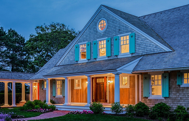 Cottage. Shingle cottage with shutters. Shingle beach cottage shutters. Shutter paint color is Benjamin Moore OC-48 Hazy Blue. #cottage #Shinglecottage #CottageShutter Polhemus Savery DaSilva Architects Builders.