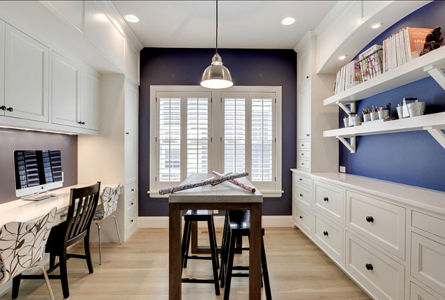 Craft Room Design Ideas. This craft room is just great! #CraftRoom #Computerroom Paint Color: Benjamin Moore Old Navy 2063 10