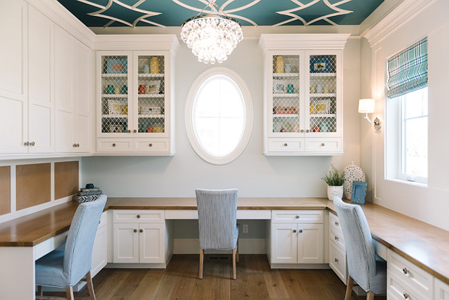 Craft Room Paint Color is Benjamin Moore OC-17 White Dove. Craft Room Cabinet. Craft Room Layout. Craft Room Inlay Ceiling. Craft Room Cabinet Countertop. Craft Room Lighting. Craft Room Window Shade. #CraftRoom