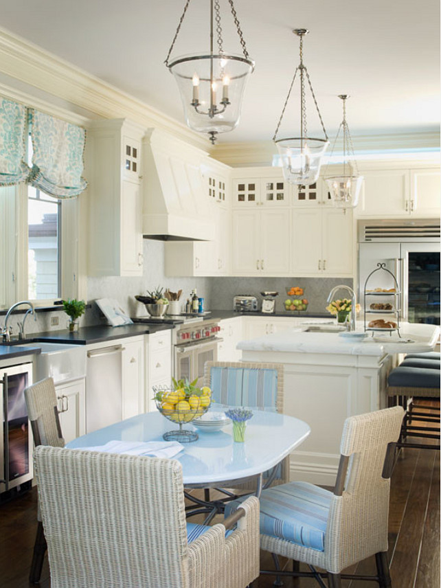 Creamy White Kitchen. Coastal Creamy White Kitchen with Turquoise Decor. Creamy White Kitchen Cabinets. Creamy White Kitchen Ideas. Creamy White Kitchen Paint Color. #CreamyWhiteKitchen EJ Interior Design, Eugenia Jesberg.