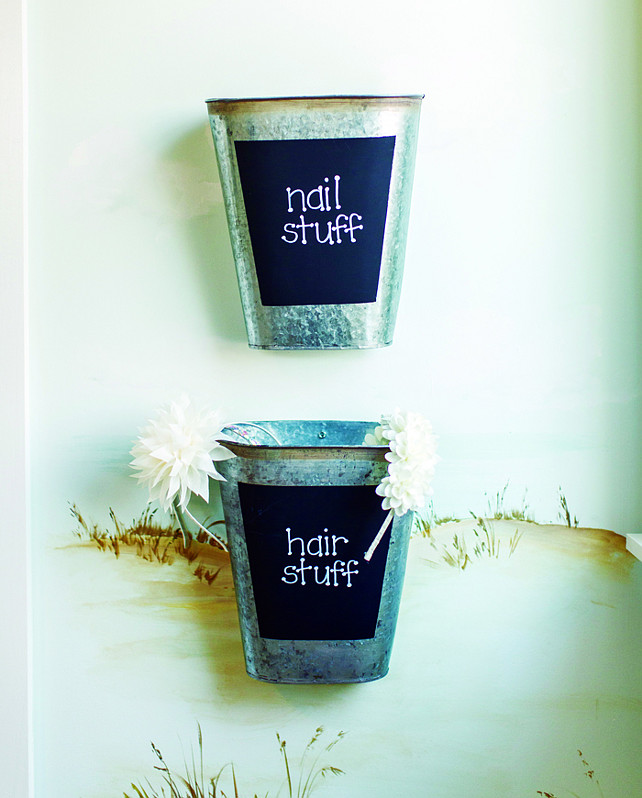 DIY Bathroom Storage. Cute DIY girl's bedroom with wall-mounted retro-modern metal bins. Great storage idea.