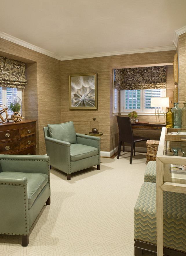 Den. Den Design Ideas. Den with grasscloth wallpaper. #Den #Grasscloth #Wallpaper 2 Ivy Lane.