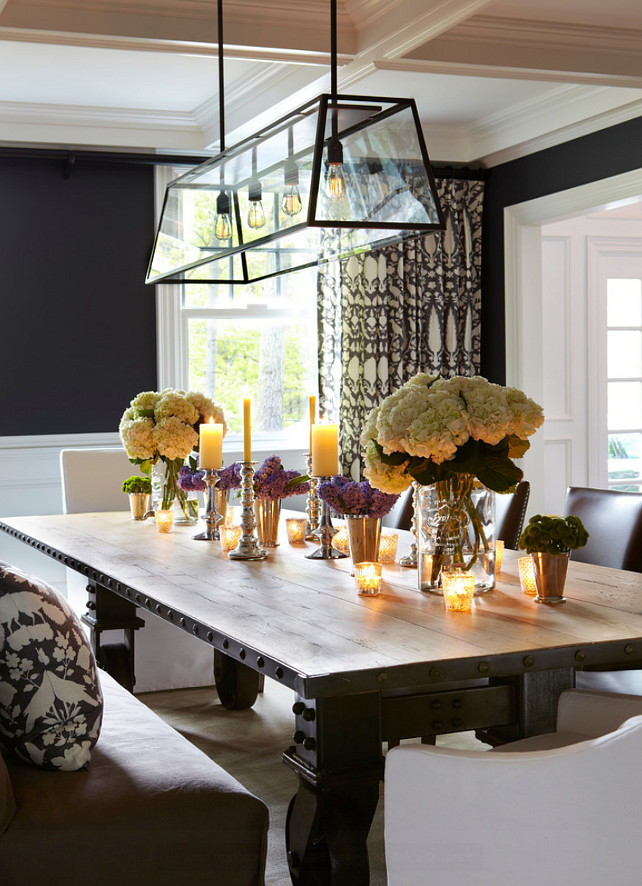 Dining Room Design Ideas. . Ceilings are coffered and a dramatic large pendant lamp is placed centered in the paneled ceiling. #DiningRoom