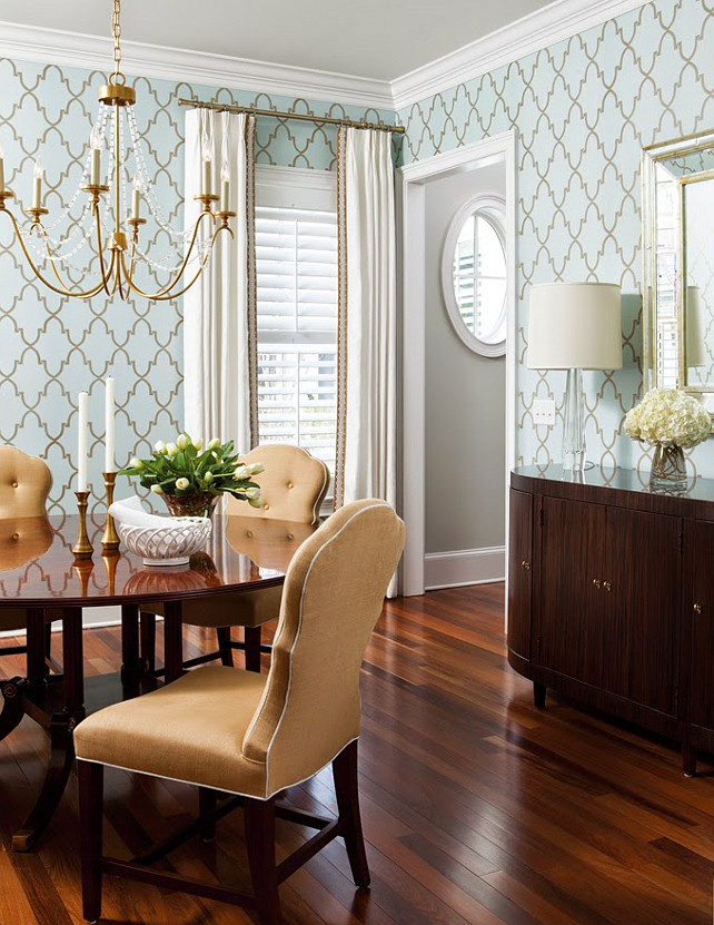 Dining Room Wallpaper and Chandelier. Liz Carroll Via House of Turquoise.