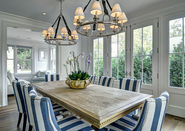 Dining Room. Dining Room Lighting. Dining Room Lighting Ideas. Transitional Dining Room Lighting. #DiningRoom Dining room chandelier is the Westbury Chandelier in Polished Nickel by Ralph Lauren Home. #DiningRoomLighting #DiningRoomLightingIdeas