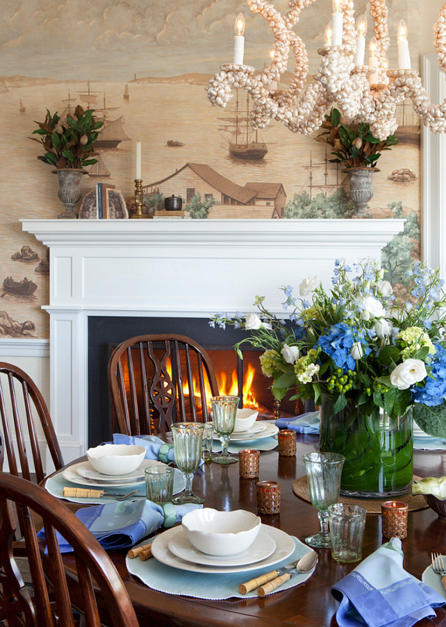 Dining Room. Coastal Dining Room with shell chandelier. #DiningRoom #CoastalDiningRoom #ShellChandelier #CoastalInteriors Jeannie Balsam LLC.