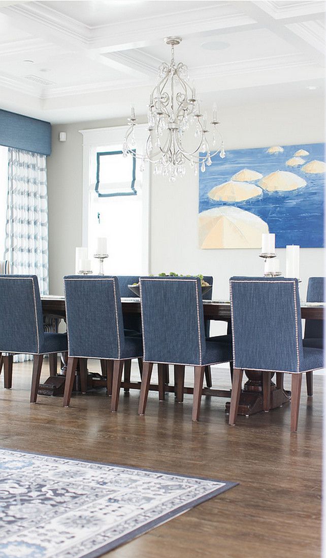 Dining Room. Coastal Dining Room. Coastal Dining Room Design. Coastal Dining Room with coffered ceiling. Coastal Dining Room Chandelier. Coastal Dining Room Art. #CoastalDiningRoom