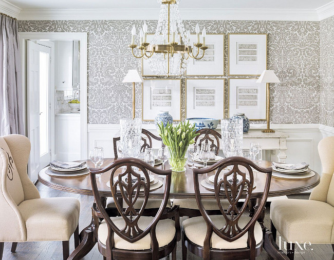 Dining room wallpaper. Farrow & Ball’s Silvergate wallpaper in Grisaille defines the dining room. #DiningRoom #Wallpaper Beth Gularson