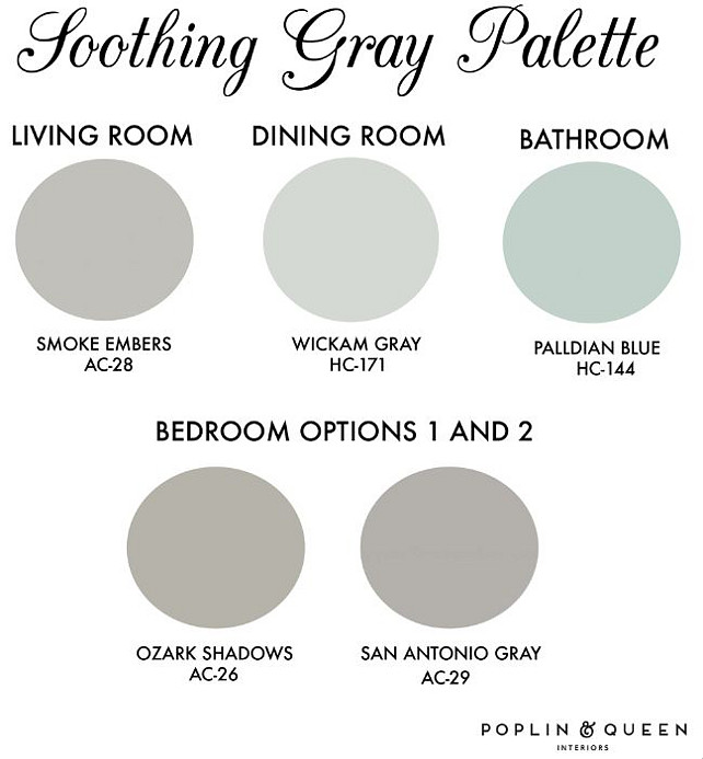 Entire Home Paint Color Ideas. Entire House Color Palette. Benjamin Moore Smoke Embers AC-28, Benjamin Moore Wickham Gray, Benjamin Moore Palladian Blue HC-144, Benjamin Moore Ozark Shadows AC-26, Benjamin Moore San Antonio Gray AC-29. #EntireHousePaintColors #WholeHousePaintColorIdeas #EntireHouseColorPalette Via Poplin and Queen Interiors. 