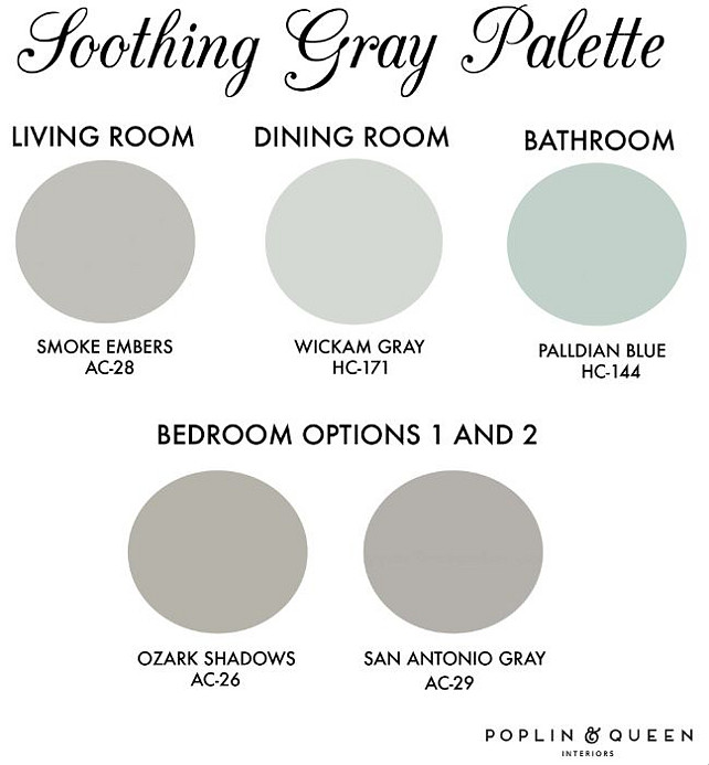 Entire Home Paint Color Ideas. Entire House Color Palette. Benjamin Moore Smoke Embers AC-28, Benjamin Moore Wickham Gray, Benjamin Moore Palladian Blue HC-144, Benjamin Moore Ozark Shadows AC-26, Benjamin Moore San Antonio Gray AC-29. #EntireHousePaintColors #WholeHousePaintColorIdeas #EntireHouseColorPalette Via Poplin and Queen Interiors. 