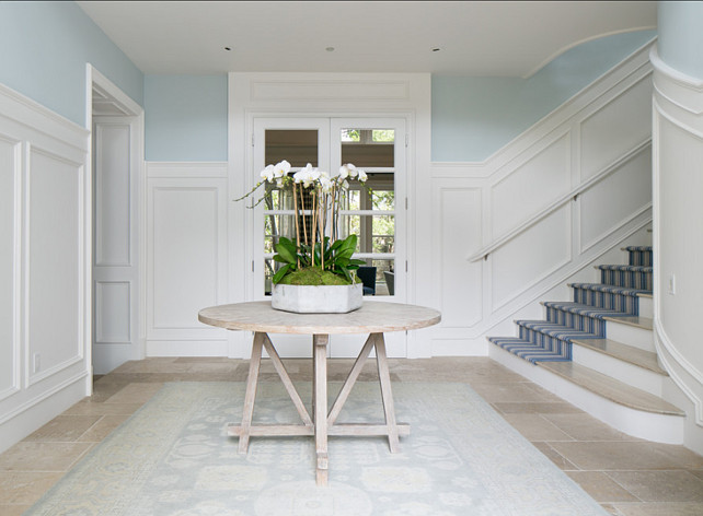 Entryway Ideas. Entryway Design Ideas. Coastal Entryway. Paint Color is "Benjamin Moore 715 In Your Eyes". #Entryway