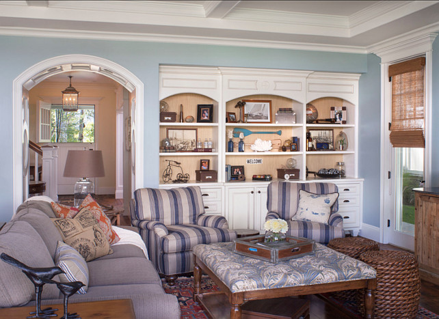 Family Room Design. Comfortable family room design. Paint Color is Benjamin Moore Yarmouth Blue HC-150. #Family Room #BenjaminMoore #YarmouthBlue HC-150