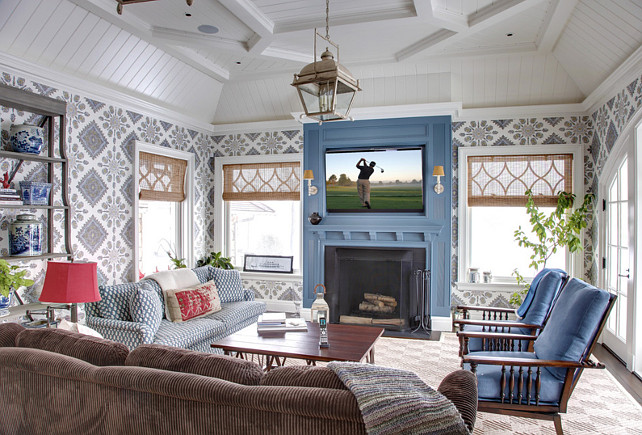 Family Room with white beamed ceiling. Family Room Ceiling Design. Family room white beadboard clad ceiling. #FamilyRoom #BeadboardCeiling 