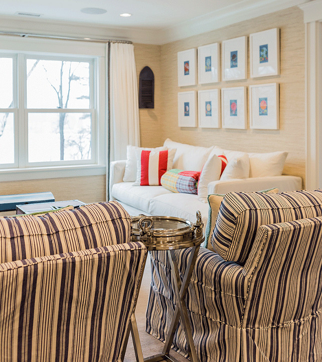 Family Room. Cozy family room with grasscloth wallpaper. #FamilyRoom #Grasscloth Brookes and Hill Custom Builders.