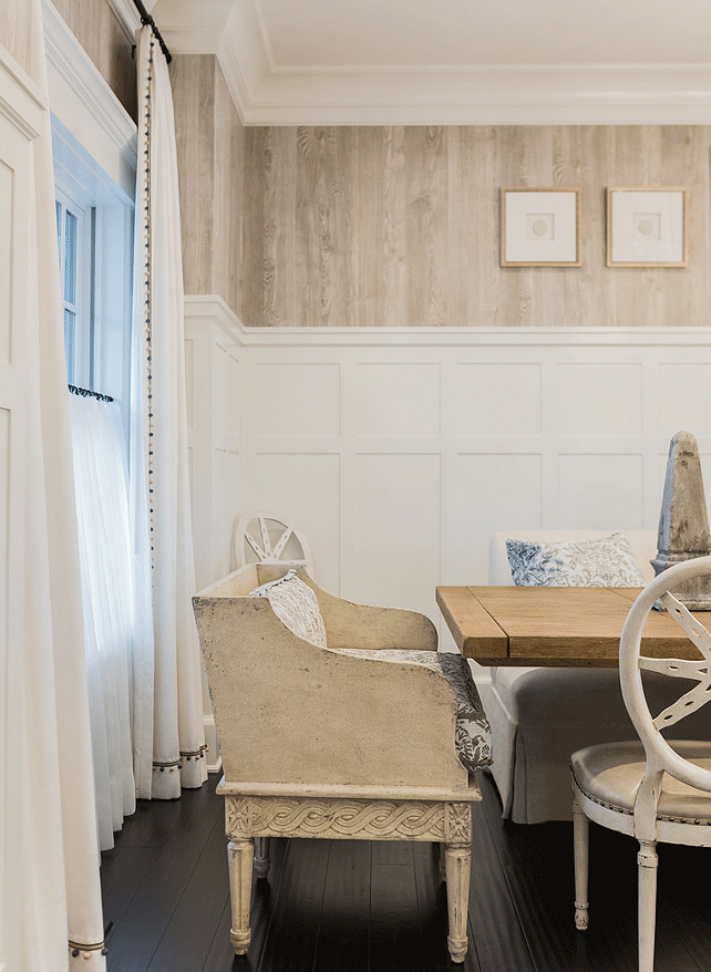 Faux bois wallpaper. Dining room with faux bois wallpaper. #Fauxbois #wallpaper #diningroom Brookes and Hill Custom Builders.