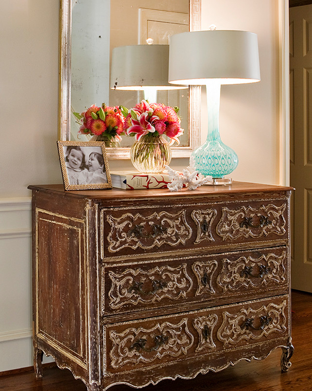 Foyer Dresser. Foyer Dresser Ideas. Foyer with Distressed French Dresser. #Foyer #Dresser #Distressed #French #Dresser #Furniture Avrea Wagner Interiors