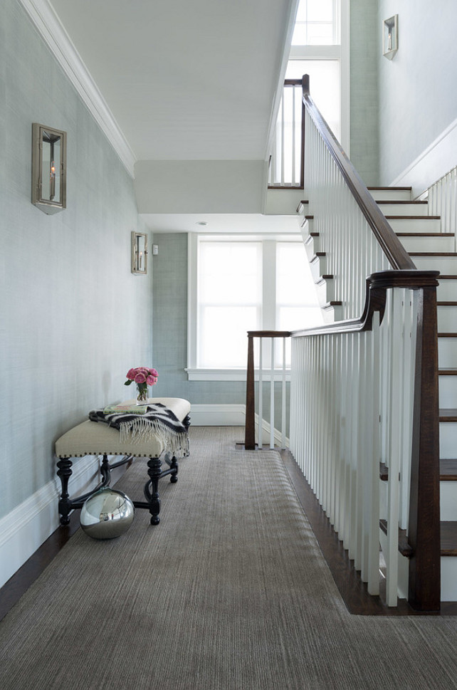 Foyer Ideas. Foyer Wall Color Ideas. Foyer Color Palette Ideas. Foyer with blue gray grasscloth wallpaper. #Foyer Alisberg Parker Architects.