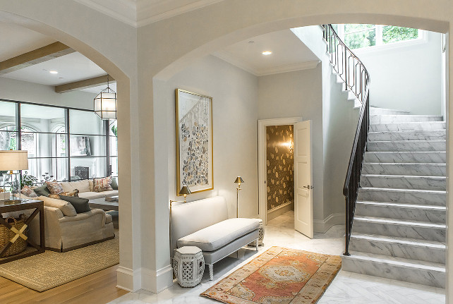 Foyer Settee. Foyer Settee Ideas. Foyer filled with a dove grey armless settee. #Foyer #Settee Avrea Wagner Interiors