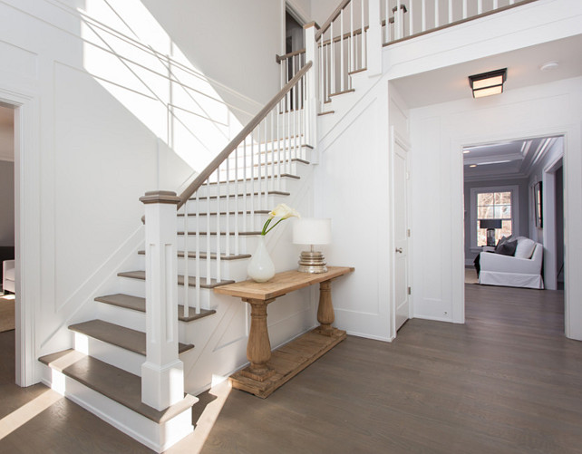Foyer Staircase with bleached hardwood flooring. #Foyer #FoyerStaircase #BleachedHardwood SIR Development.