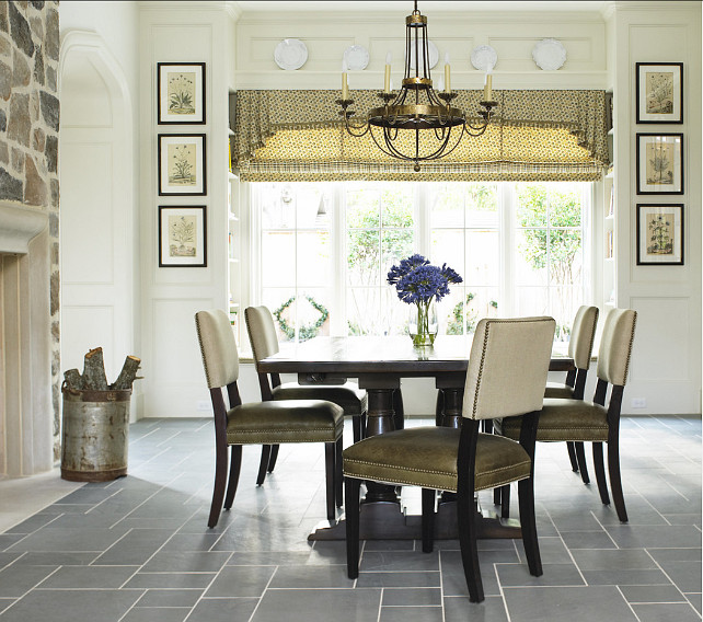 French Dining Room. This French dining room is both elegant and casual. Paint Color: Benjamin Moore Timid White OC-39 #BenjaminMoore #TimidWhite OC-39 #FrenchInteriors #FrenchHomes #DiningRoom