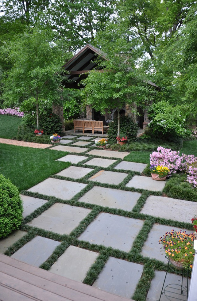 Garden Ideas. Stone Paver Garden Ideas. The grass between the pavers is Dwarf Mondo Grass. Ophiopogon japonicus 'Nana'. #Garden #GardenIdeas #Pavers The Collins Group.