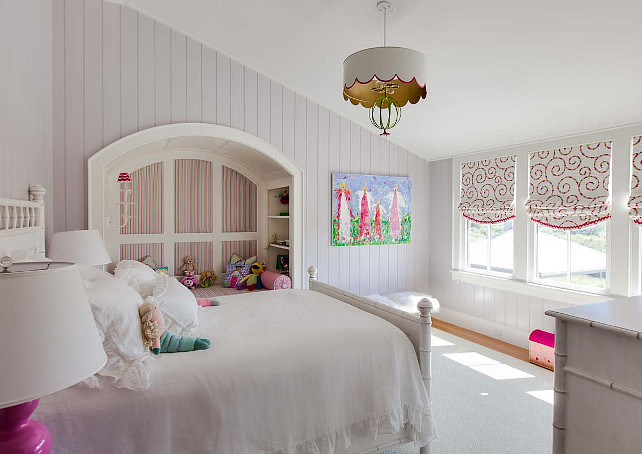 Girl Bedroom. Girl Bedroom with wall alcove with seat and built-in bookcases. Girl Bedroom with Beadboard walls. #GirlBedroom #GirlBedroomIdeas