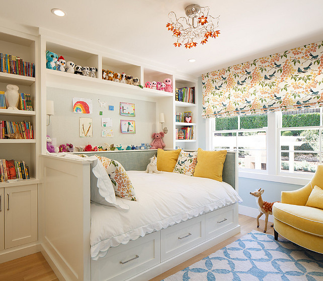 Girl's Bedroom. Little girl's bedroom with built-in bed and bookcase surrounding bed. EJ Interior Design. #GirlsBedroom