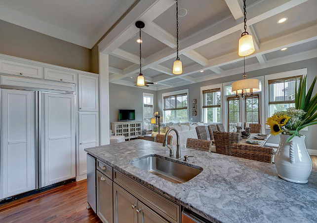 Granite. Honed Granite. Gray kitchen island with honed granite countertop.