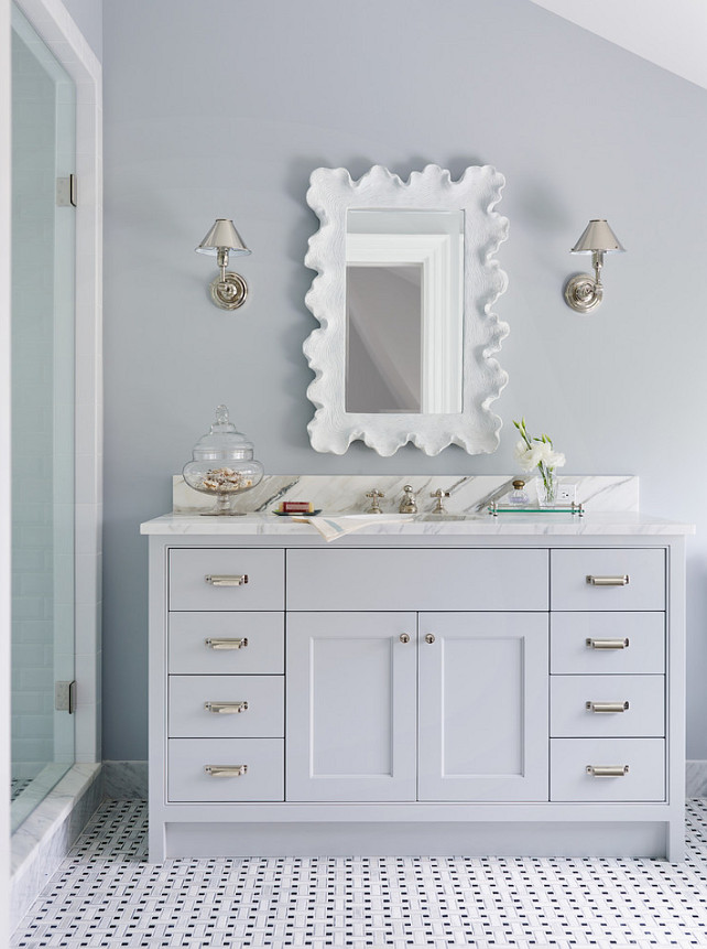 Gray Bathroom. Gray Bathroom with White Mirror. The mirror in this gray bathroom is from Ballard Designs. #GrayBathroom #Bathroom #BathroomMirror #Mirror #WhiteMirror Andrew Howard Interior Design.