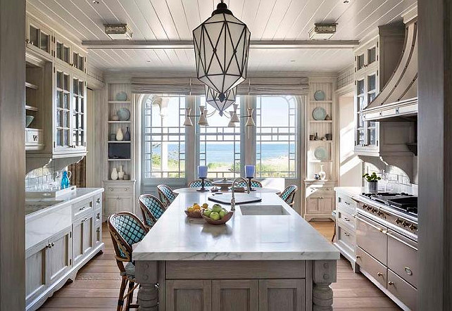 Gray Cottage Kitchen. Cottage kitchen features a beadboard ceiling. #CottageKitchen #Kitchen #KitchenBeadboardCeiling Robert A M Stern Architects.