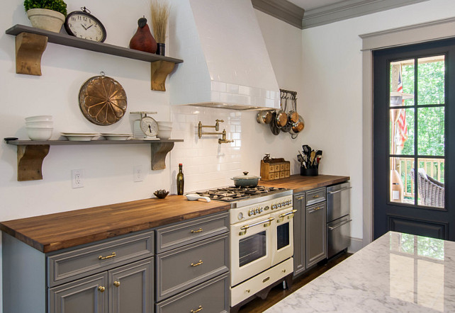 Gray Kitchen Cabinets with white subway tile backsplash. #GrayKitchenCabinet #SubwayTileBacksplash Millworks Designs.