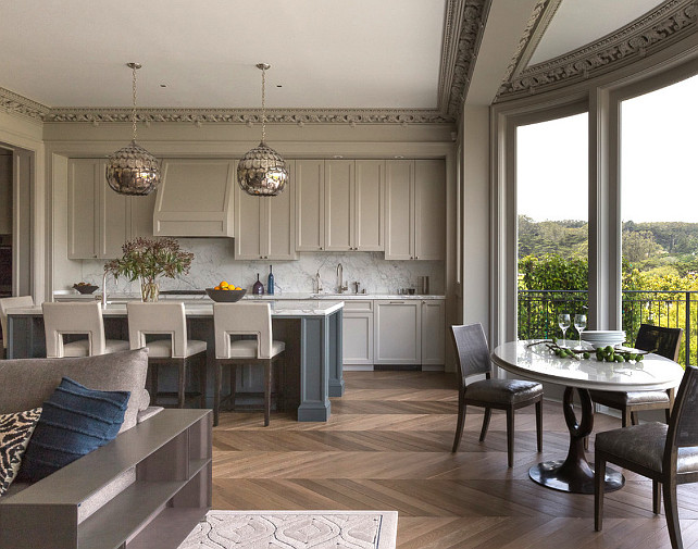 Gray Kitchen with Blue Island. The cabinetry color is Benjamin Moore Revere Pewter in a Satin finish. The Island is Benjamin Moore Down Pipe also Satin. #BenjaminMooreReverePewter #BenjaminMooreDownPipe #BenjaminMooreKitchen #BenjaminMooreGrayKitchen #GrayKitchen #BlueIsland John K. Anderson Design.