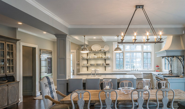 Gray Kitchen. Pale Gray Kitchen. Gray Kitchen Ideas. Open Gray Kitchen. Open Gray Kitchen to Dining Room. Dining Room chandelier is the Currey & Company 9816 Houndslow - Eight Light Rectangular Chandelier, Satin Black Finish. #GrayKitchen Past Basket Design