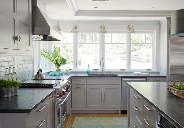 Gray Kitchen. Transitional Gray Kitchen. Gray Kitchen Cabinet. Gray Kitchen Lighting. Gray Kitchen Island. Gray Kitchen Countertop. #Gray #Kitchen #GrayKitchen Kristina Crestin Design.