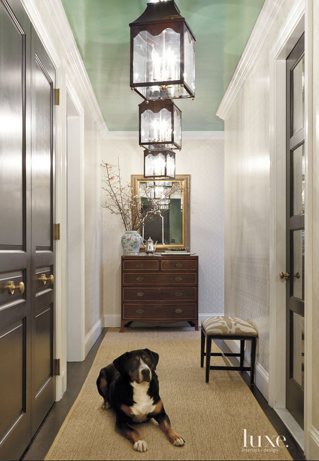 Green Ceiling. Painted green ceiling. The green ceiling paint color is Benjamin Moore’s Parsley Snips. #BenjaminMooreParsleySnips Jenny Wolf Interiors.