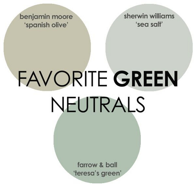 Green Paint. Popular Green paint. Spanish Olive Benjamin Moore. Sea Salt Sherwin Williams. Teresa's Green Farrow and Ball #GreenPaintColor Via Rhiannons Interiors.