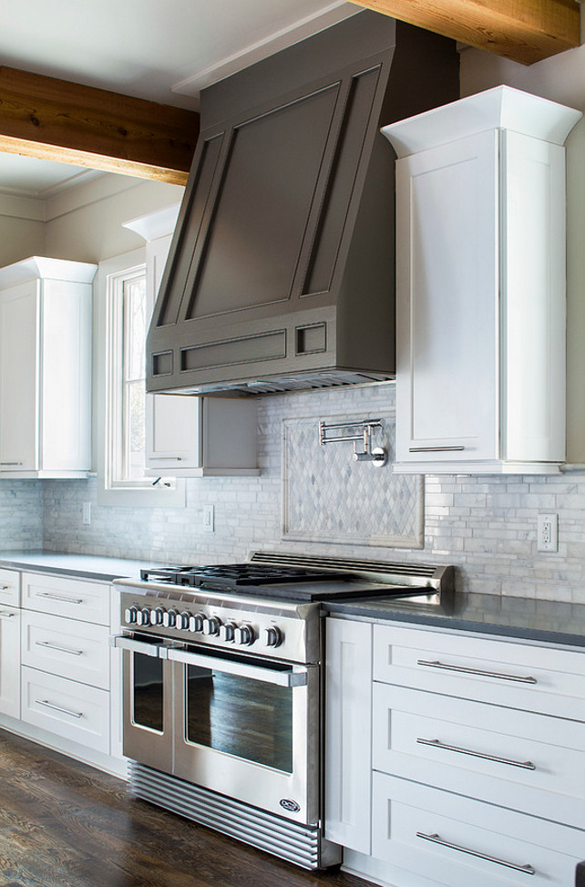 Grey kitchen hood. White kitchen cabinet with grey hood. Vikki Werbalowsky from La Bella Vie.