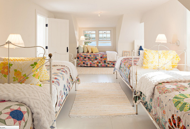 Guest bedroom with antique beds. This is a good alternative to bunk room. Alys Design.