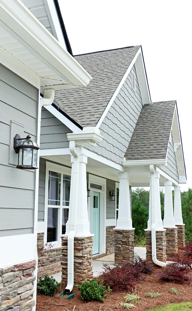 Home Exterior Paint Color. Home Exterior Paint Color Palette. The stone called Pennsylvania by Centurion. Gray Exterior Paint Color Palette. Door: Waterscape by Sherwin-Williams; Siding: Dovetail by Sherwin-Williams #HomeExteriorPaintColor #HomeExteriorPaintColorPalette Addison's Wonderland 