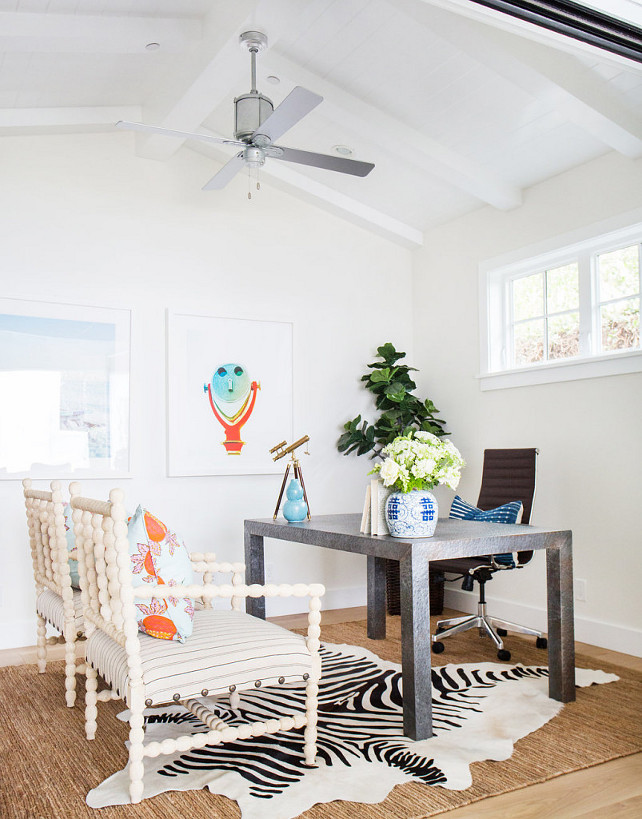 Home Office. Home Office Ideas. Home Office with cathedral ceilingsm white walls and spindle chairs. #Homeoffice