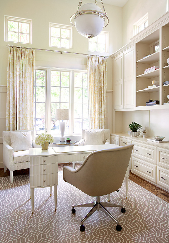Home Office. Neutral Home Office. Neutral Home Office with built-in cabinet, white desk, greige rug and off-white curtains. #HomeOffice #NeutralInteriors Tracy Hardenburg Designs.
