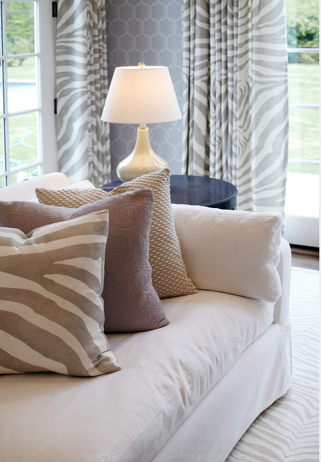 Interior Color Palette Ideas. Closeup of pattern mix in this family room. Neutral, soft color palette. #ColorPalette #Interiors #NeutralInteriors