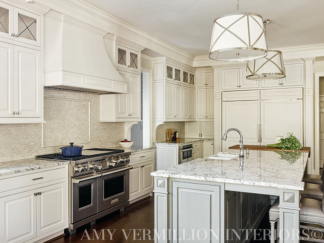 KItchen Cabinet Design. Off-White Kitchen Cabinet. Kitchen cabinet design ideas. Classic kitchen cabinet. The cabinet color is custom mixed but is close to "Benjamin Moore White Dove". The counter top is "Ice Blue Granite". #BlueGranite#KitchenCabinet #KitchenCabinetDesign #Kitchen #cabinet #KitchenCabinetIdeas Amy Vermillion Interiors