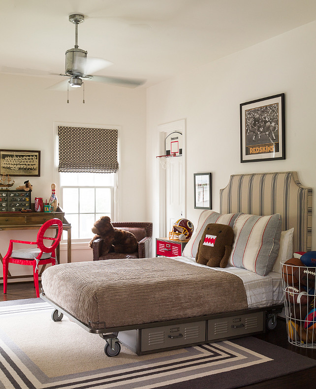 Kids Bedroom with Platform Bed. Kids storage under bed ideas. Kids industrial bedroom with vintage metal lockers tucked under bed. #KidsBedroom #StorageUnderBed Kathryn Ivey Interiors