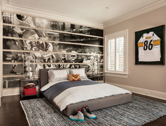 Kids MuralFootball-Themed Bedroom. Bedroom Ideas. Kids Bedroom Mural. #KidsMural #KidsBedroomMural Garrison Hullinger Interior Design Inc.