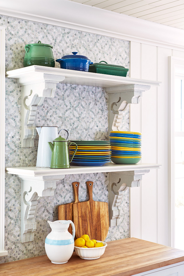 Kitchen Backsplash Open Shelves. Kitchen open shelves backsplash design. #Kitchen #OpenShelves #Backsplash Designed by Sarah Richardson.