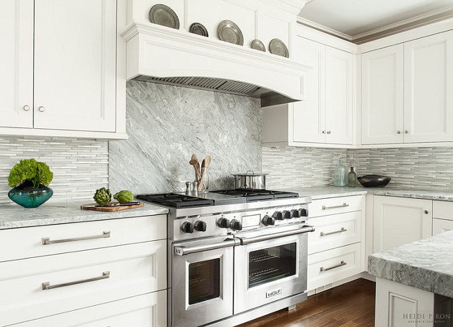 Kitchen Backsplash. Kitchen Slab Backsplash Ideas. Mix of slab stone and tile backsplash. #KitchenBacksplash #KitchenSlabBacksplash Heidi Piron Design.