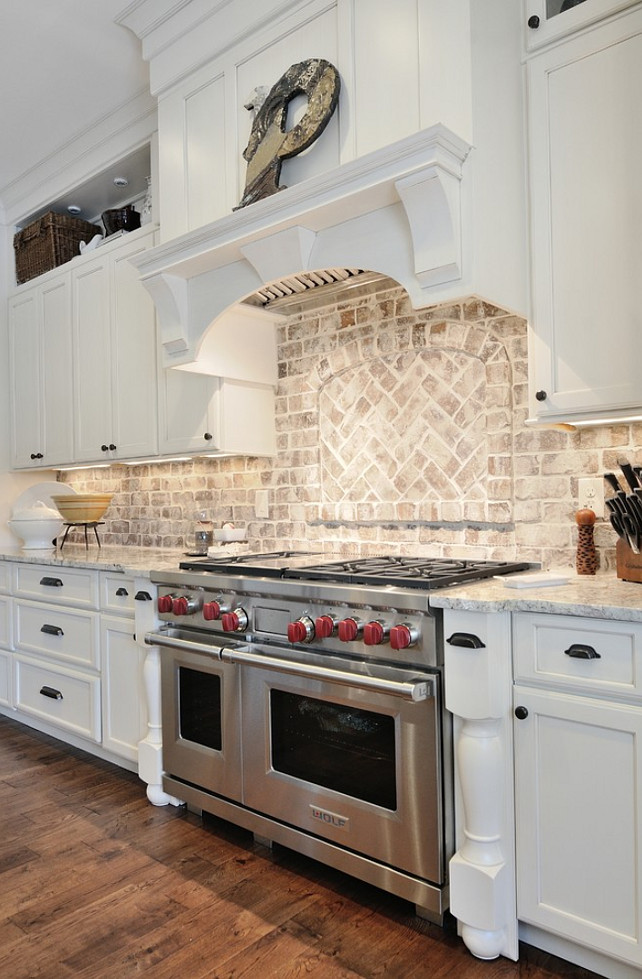 Kitchen Brick Backsplash. Kitchen with granite countertop and brick backsplash. #BrickBacksplash #KitchenBrick CR Home Design K&B (Construction Resources).
