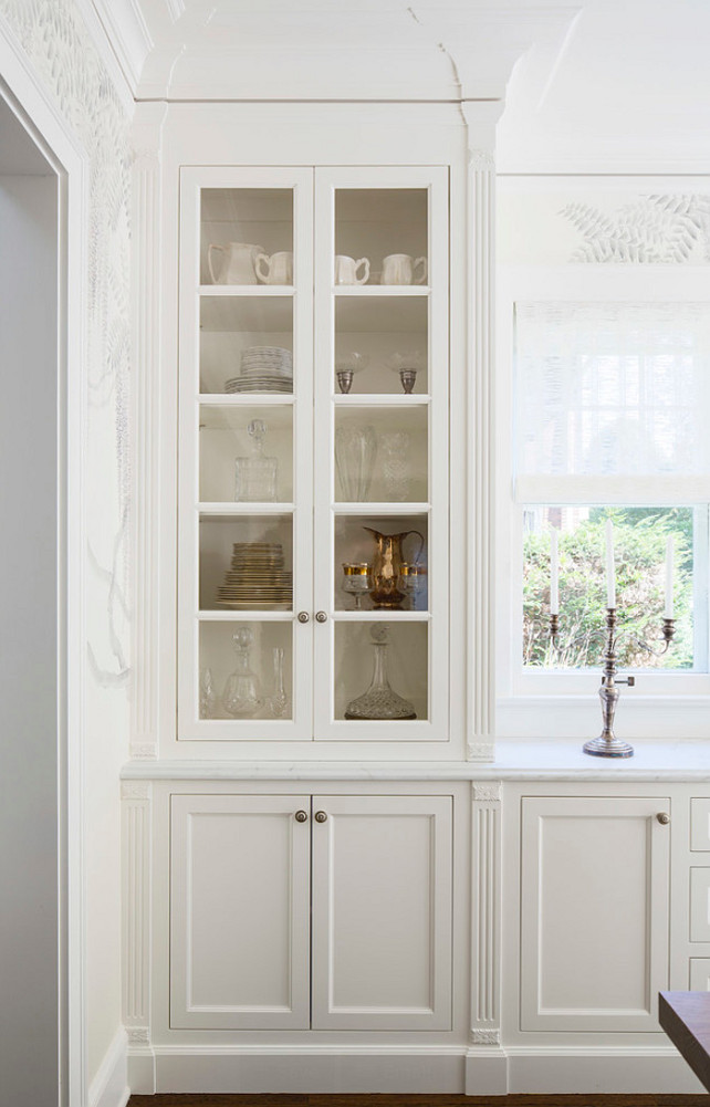 Kitchen Cabinet Painted in Benjamin Moore OC-17 White Dove and Lincoln Gold Vein marble countertop. Martha O'Hara Interiors.